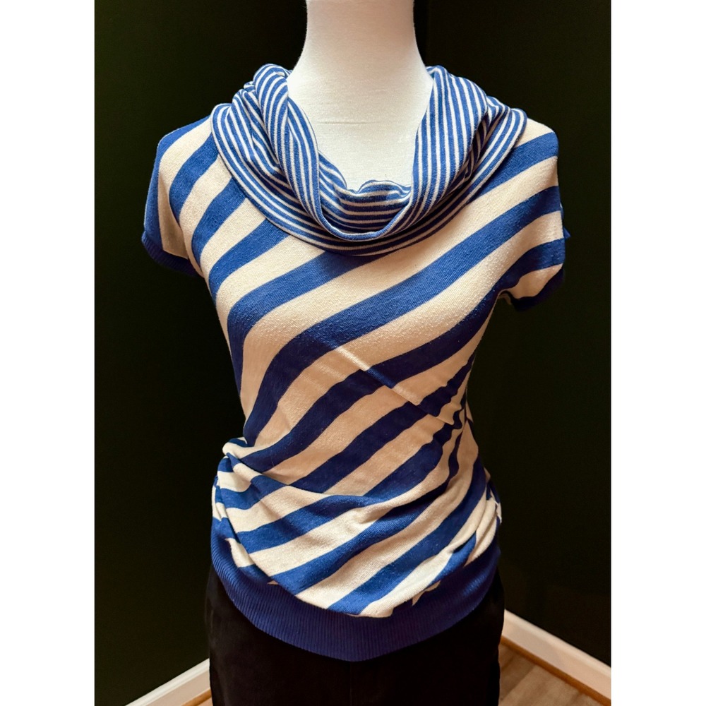Poof! For the Planet Blue and White‎ Striped Cowl Neck Top Women's M